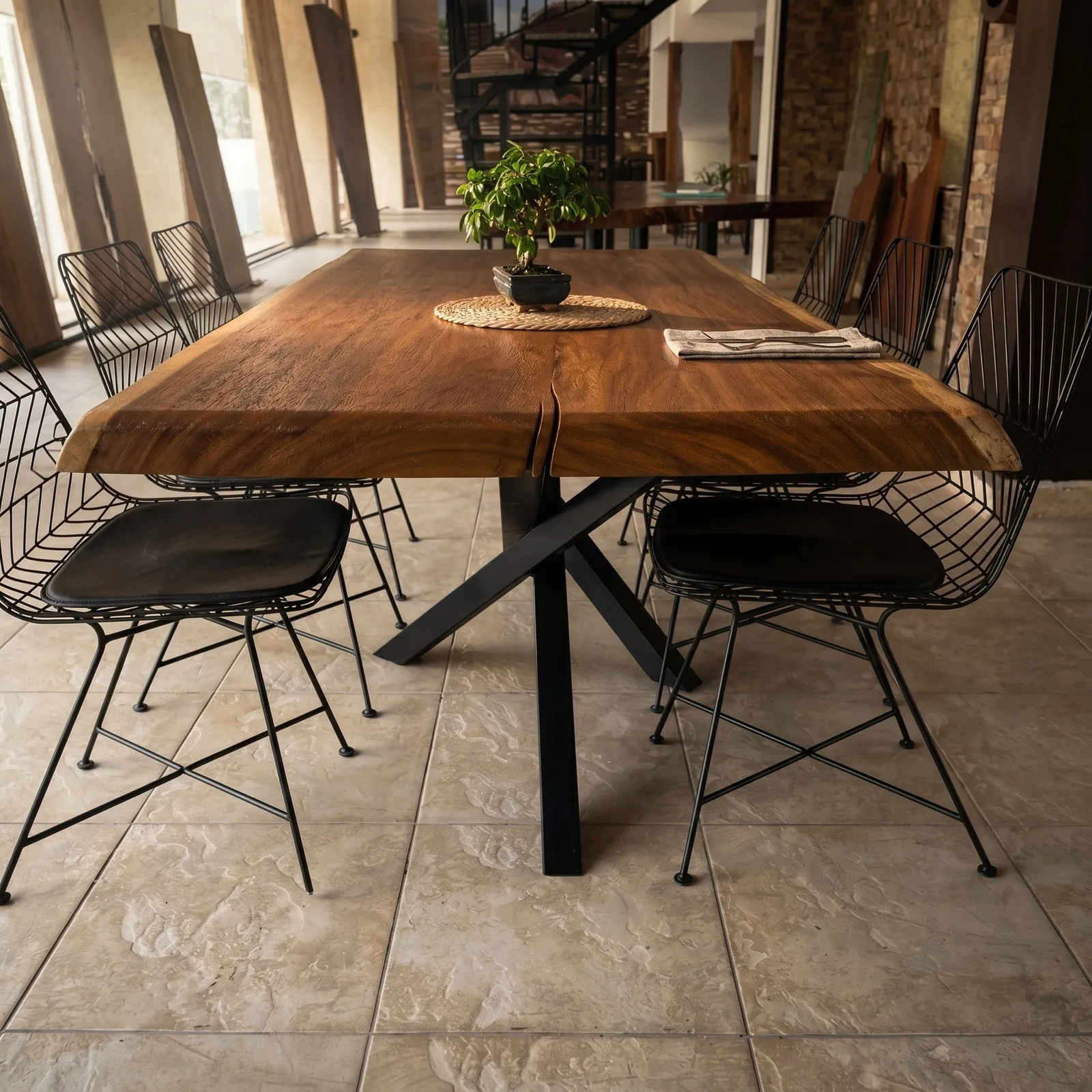 Vista United · Live-Edge Walnut Dining Table · Steel Spider Base