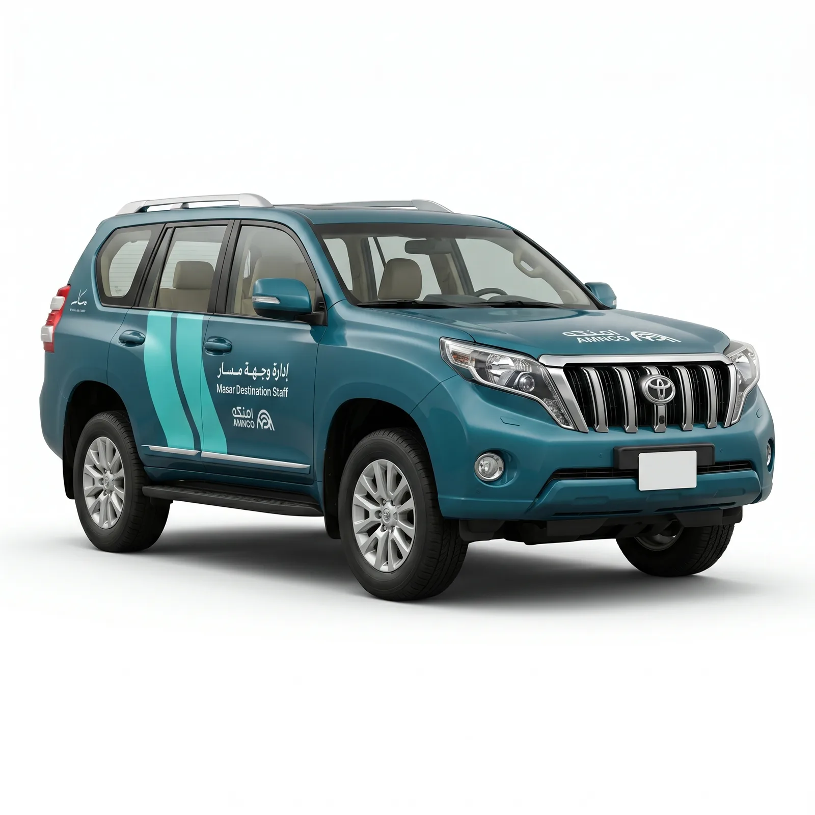 Masar Destination's Prado, wrapped by Vista in the brand's teal with cut-vinyl lettering.