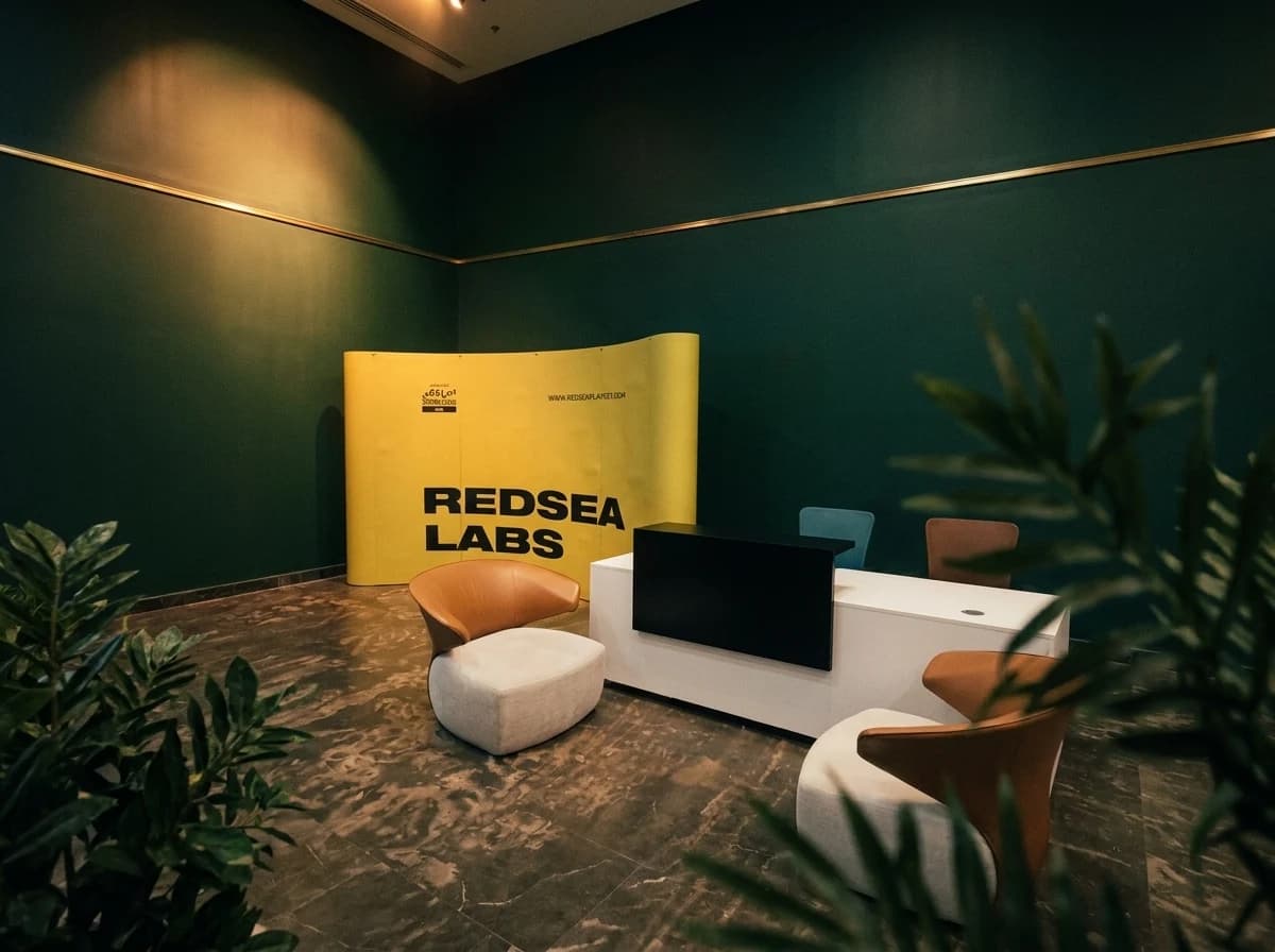 Red Sea Labs pop-up backdrop and reception desk, produced and installed by Vista.